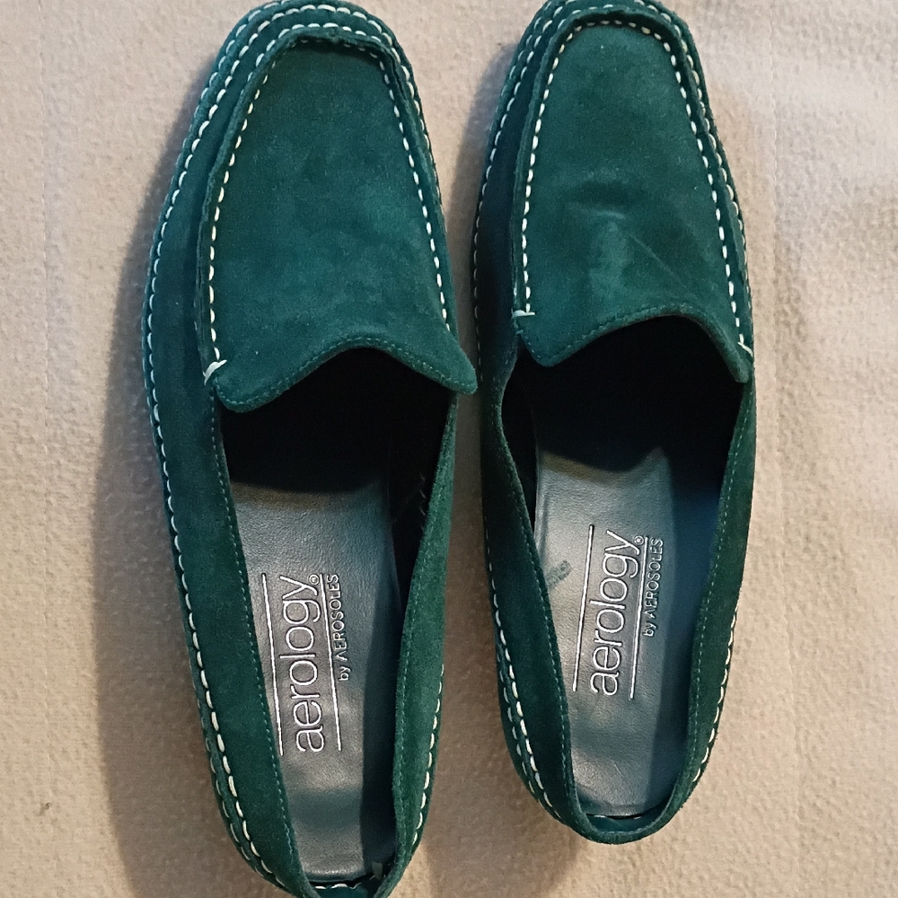 Aerology Forest Green Suede Leather Mules With Kitten Heels